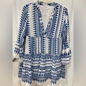 White Polyester Blend lightweight blue print dress